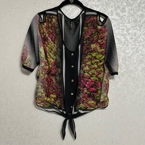 Bisou Bisou Sheer Tie Front Button‎ Up Blouse Snakeskin Print Cold Shoulder M